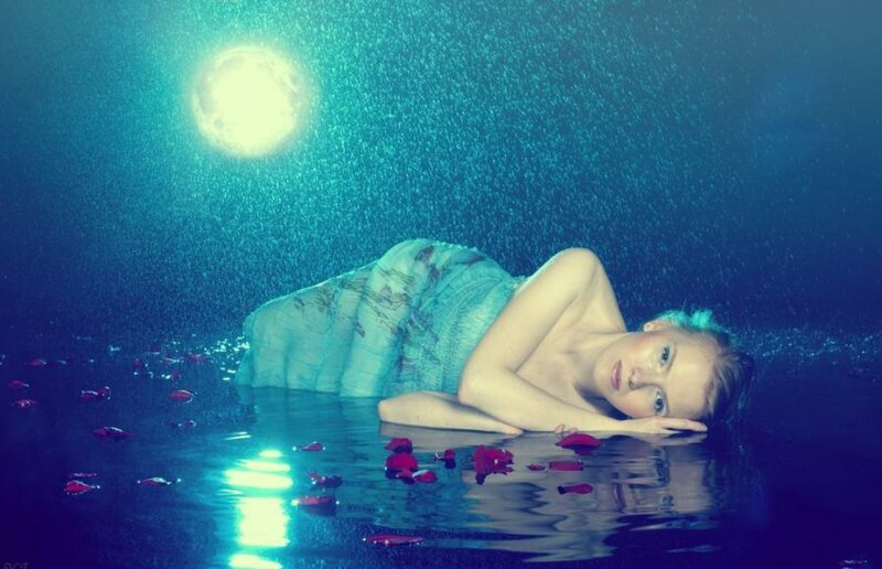 Woman in Water — Blue, Serene, Night, Photograph