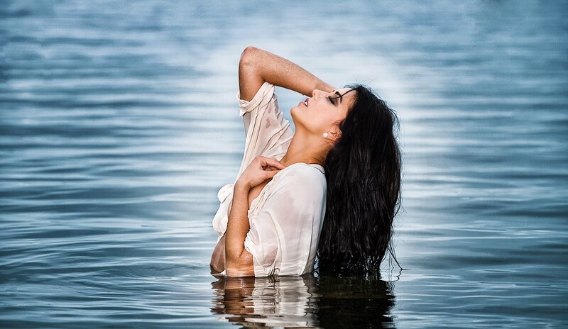 Woman in Water — Blue, Serene, Photograph, Dress, Hair