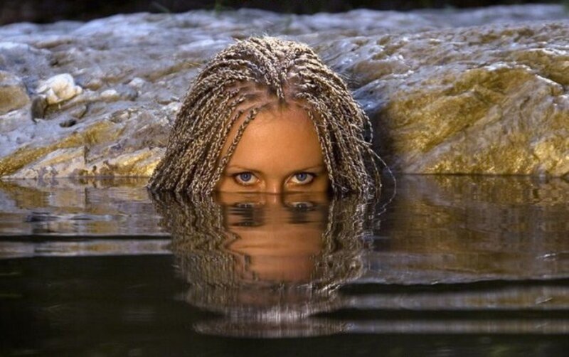 Woman in Water — Brown, Dramatic, Photograph, Braids