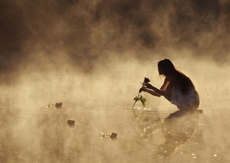 Woman in Water — Brown, Serene, Sunset