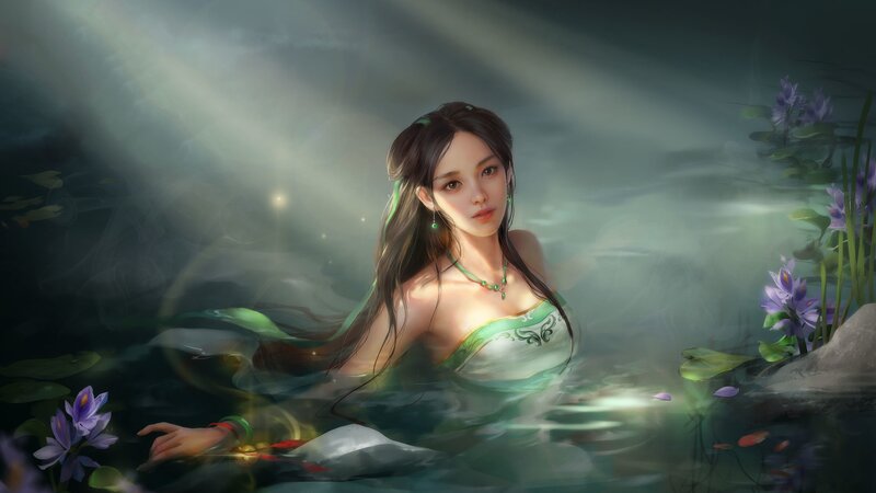 Woman in Water — Green, Serene, Night, Digital Art