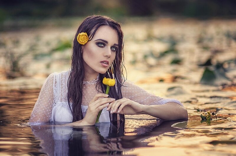 Woman in Water with Flower — White