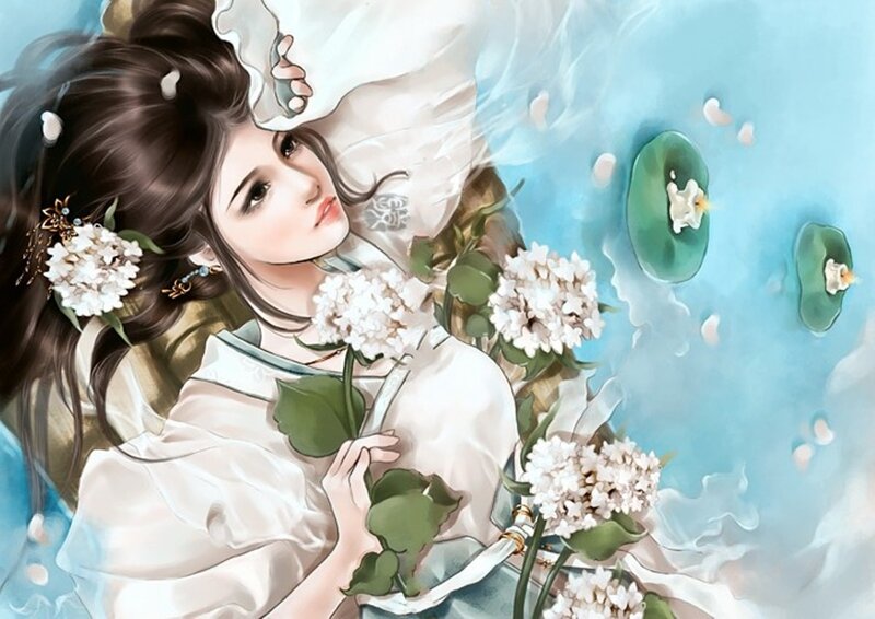Woman in Water with Flowers — Blue