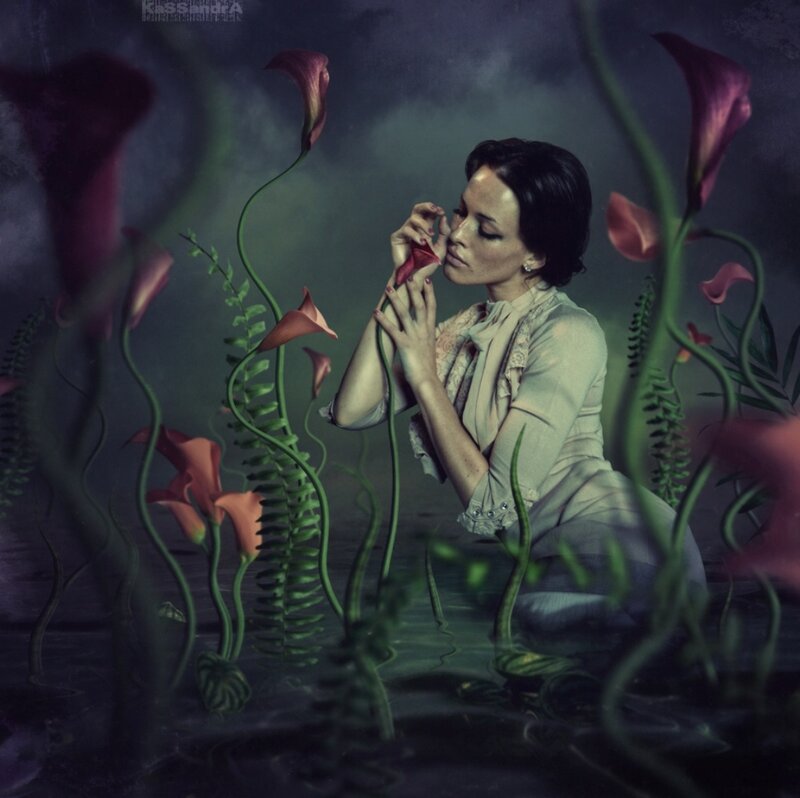Woman in Water with Flowers — Purple, Dramatic