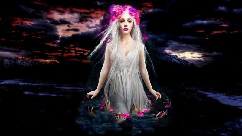 Woman in Water with Flowers — White, Dramatic
