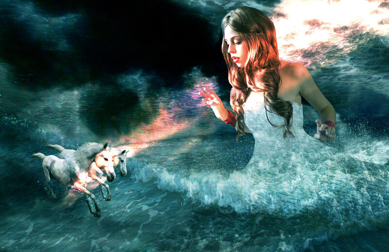 Woman in Water with Horses