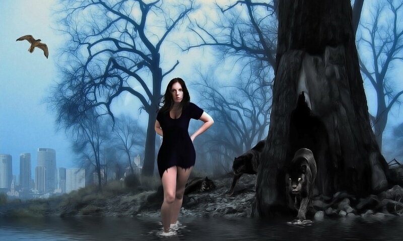Woman in Water with Panthers