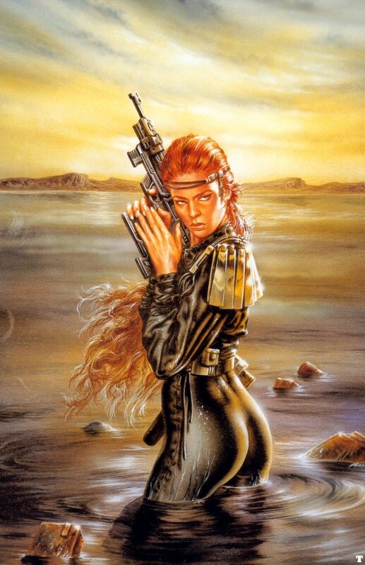 Woman in water with rifle