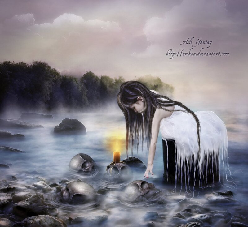 Woman in Water with Skulls