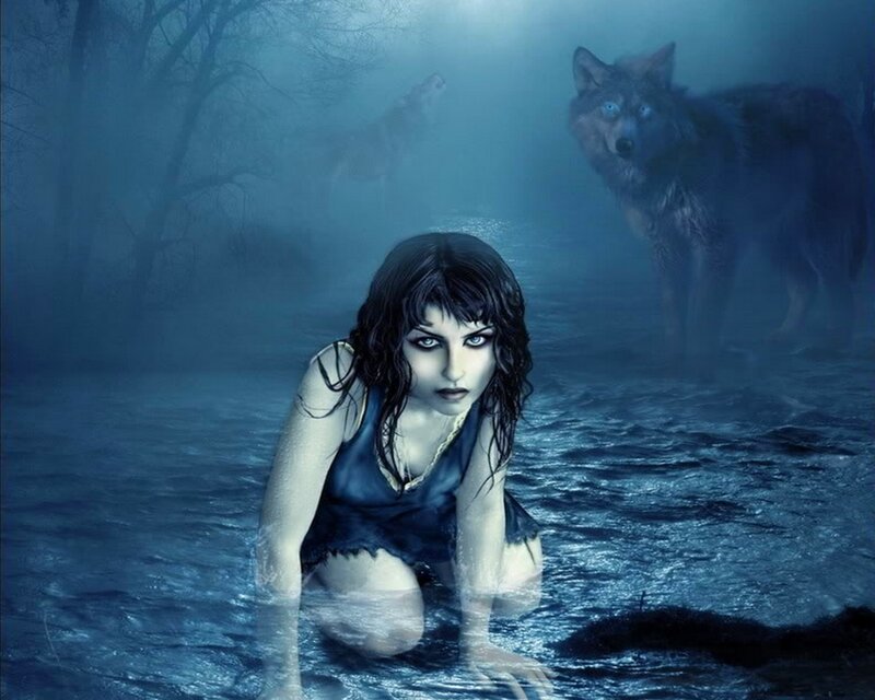Woman in Water with Wolves — Blue