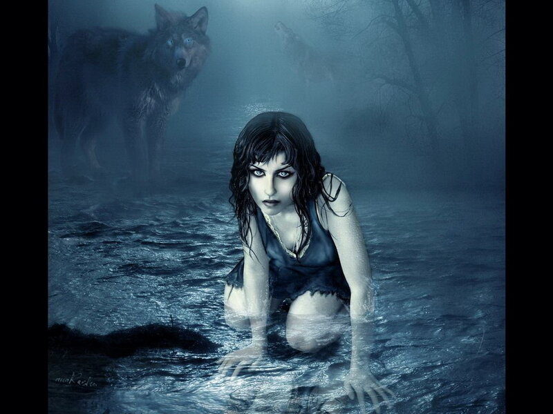 Woman in Water with Wolves