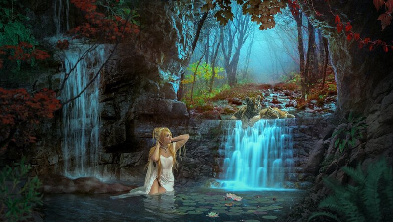 Woman in Waterfall Pool — Blue, Serene