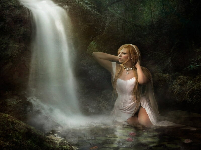 Woman in Waterfall Pool — White