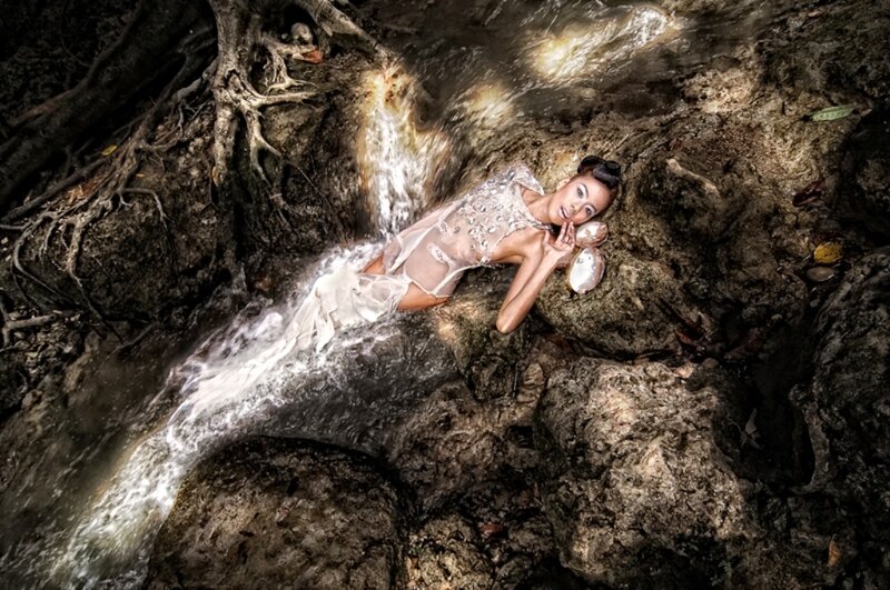 Woman in Waterfall — White
