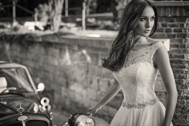 Woman in Wedding Dress — Black, Dramatic, Photograph, Car