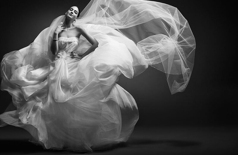 Woman in Wedding Dress — Black, Dramatic, Photograph, Veil, Studio
