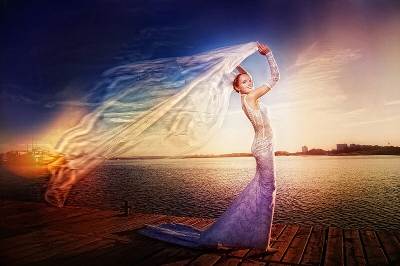 Woman in Wedding Dress — Blue, Dramatic, Sunset