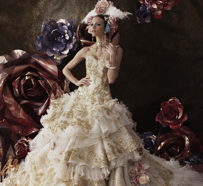 Woman in Wedding Dress — Gold, Dramatic, Photograph, Flowers