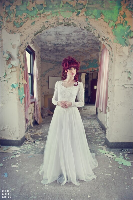 woman in wedding dress in ruin