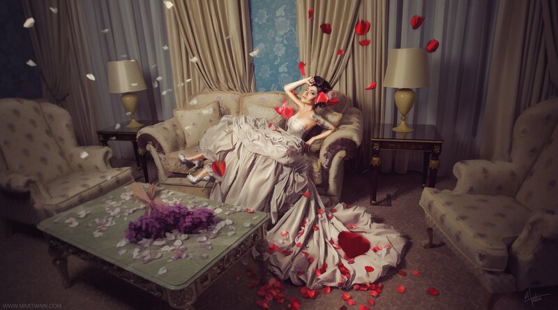 woman in wedding dress on sofa