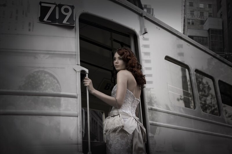 Woman in wedding dress on train