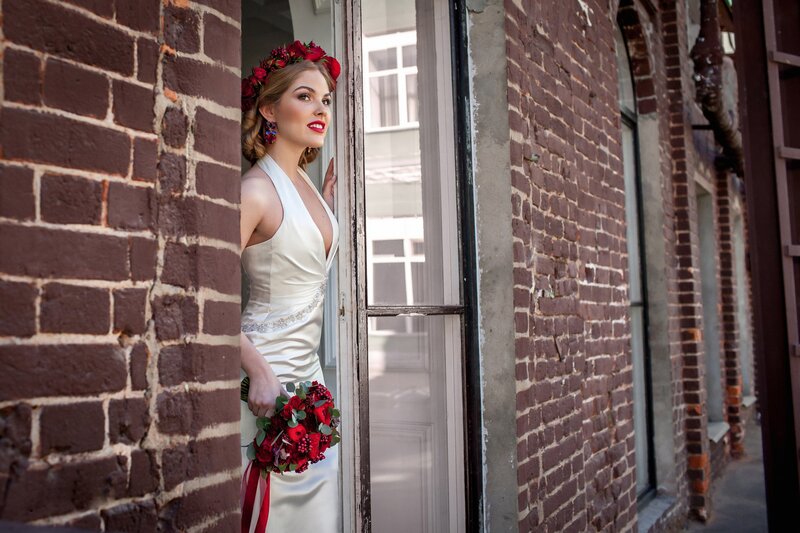 Woman in Wedding Dress — Red, Dramatic, Afternoon