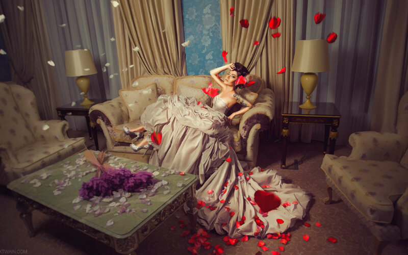 Woman in Wedding Dress — Red, Dramatic, Photograph, Rose Petals