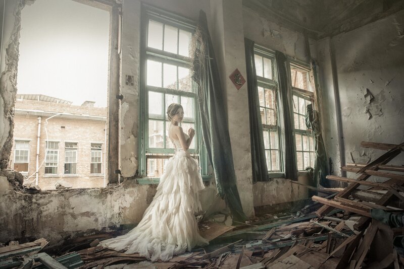 Woman in Wedding Dress — White, Dramatic, Afternoon, Photograph, Abandoned Building, Windows