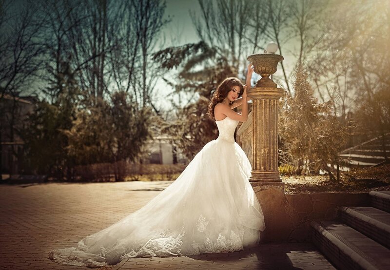 Woman in Wedding Dress — White, Dramatic, Afternoon, Photograph, Column