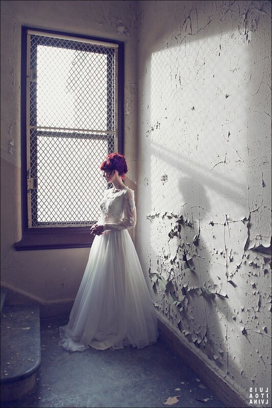 Woman in Wedding Dress — White, Dramatic, Afternoon, Photograph, Window