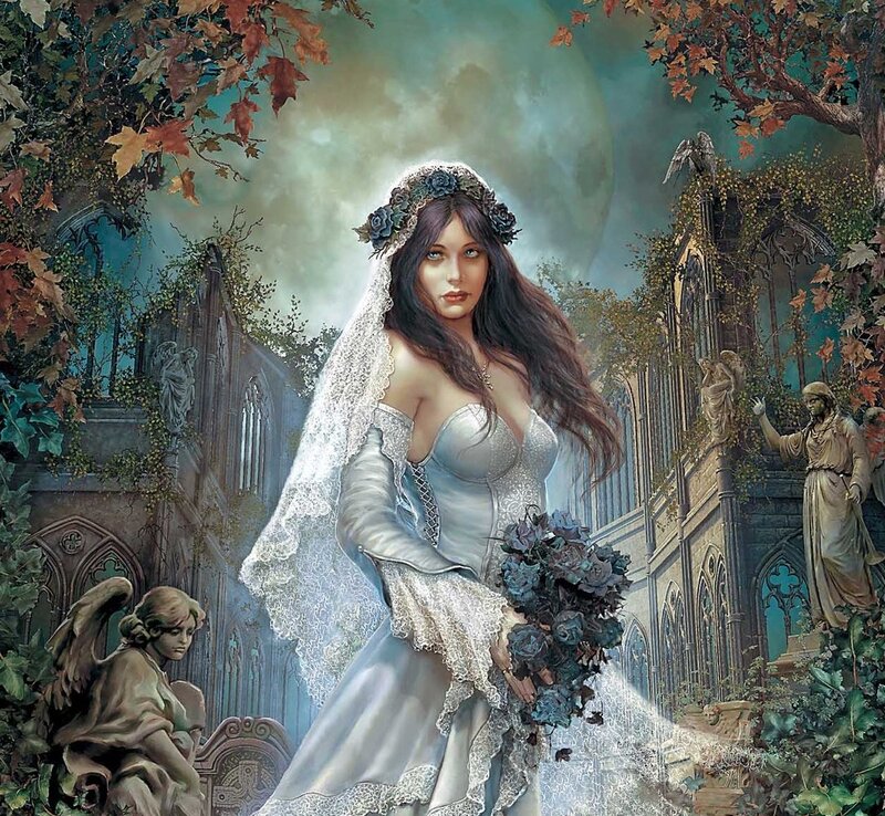 Woman in Wedding Dress — White, Dramatic, Night, Digital Art, Statues