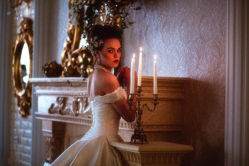 Woman in Wedding Dress — White, Dramatic, Night, Photograph, Candlestick