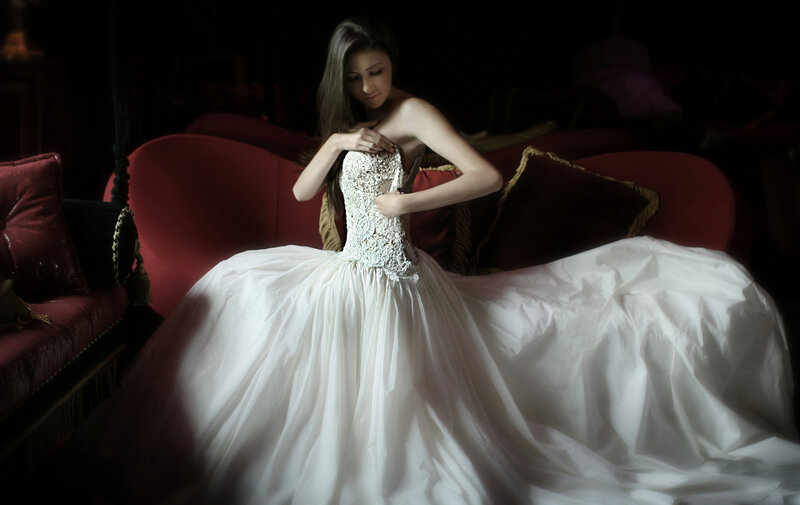 Woman in Wedding Dress — White, Dramatic, Night, Photograph, Couch