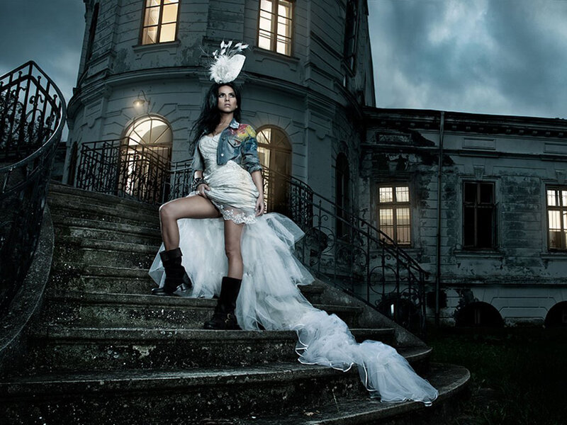 Woman in Wedding Dress — White, Dramatic, Night, Photograph, Feather Hat