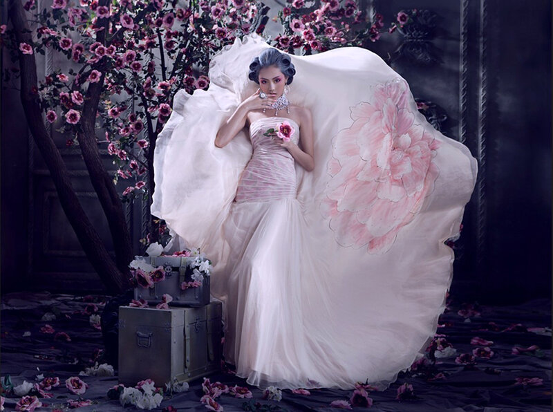 Woman in Wedding Dress — White, Dramatic, Night, Photograph, Flowers
