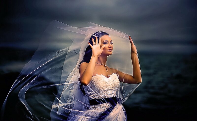 Woman in Wedding Dress — White, Dramatic, Night, Photograph, Veil, Sea