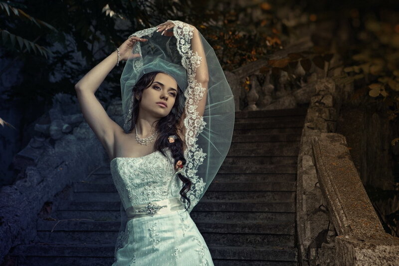 Woman in Wedding Dress — White, Dramatic, Night, Photograph, Veil