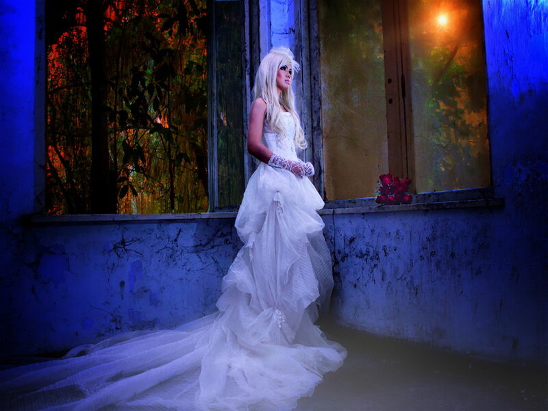 Woman in Wedding Dress — White, Dramatic, Night, Photograph, Window