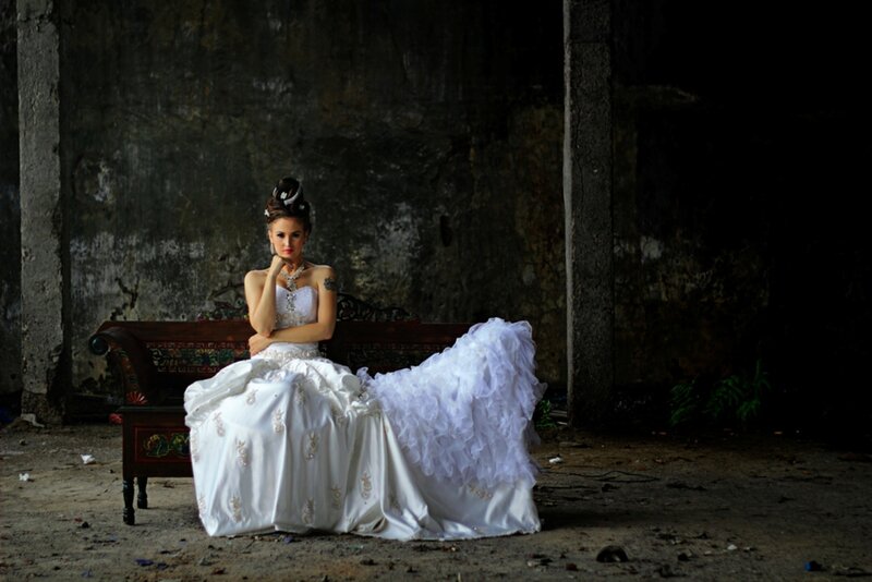 Woman in Wedding Dress — White, Dramatic, Photograph, Bench
