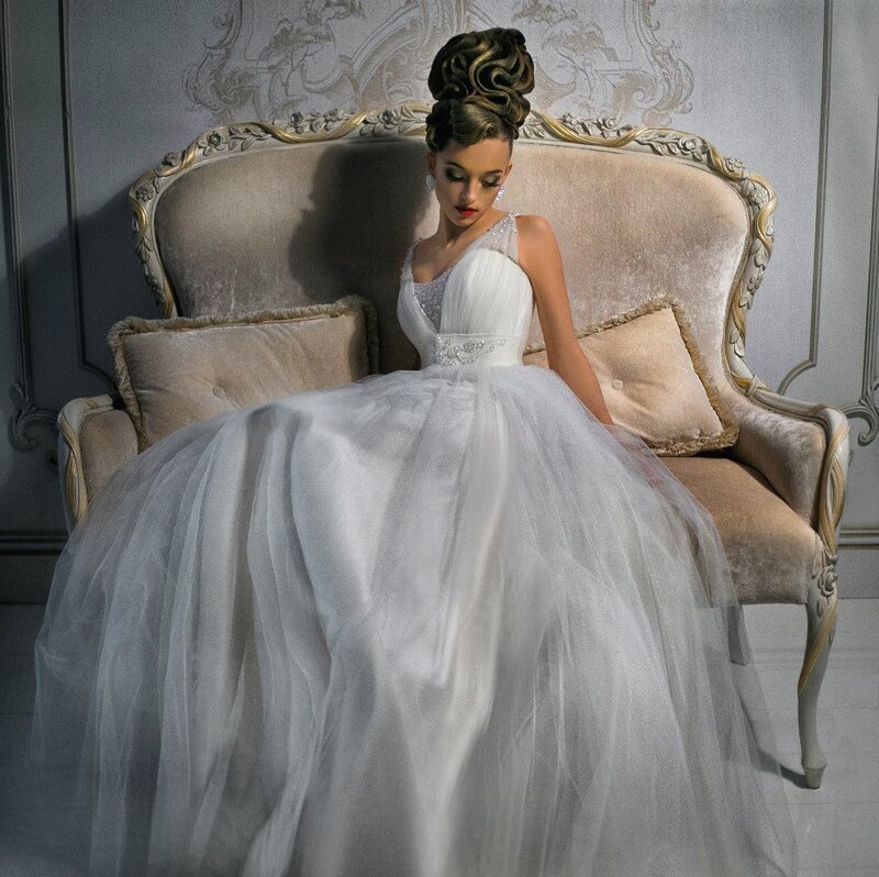 Woman in Wedding Dress — White, Dramatic, Photograph, Chair, Pillows
