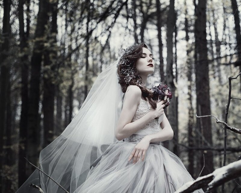 Woman in Wedding Dress — White, Dramatic, Photograph, Forest, Veil