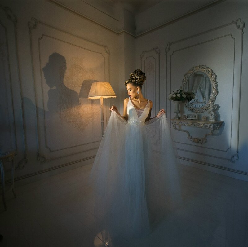 Woman in Wedding Dress — White, Dramatic, Photograph, Lamp