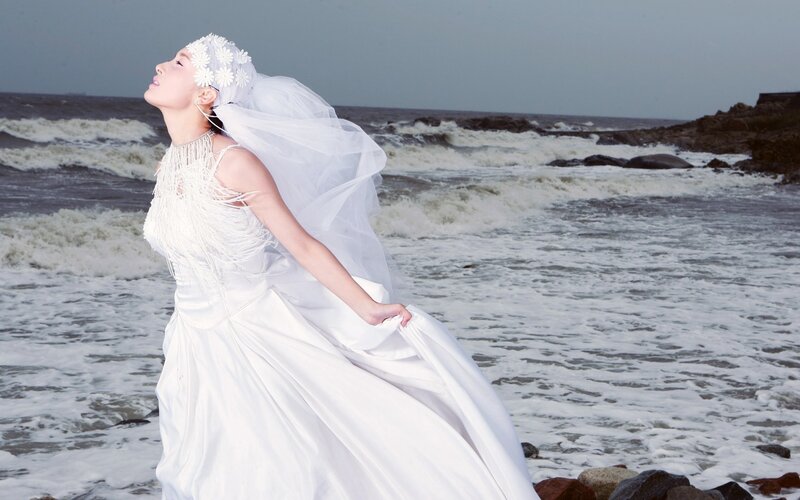 Woman in Wedding Dress — White, Dramatic, Photograph, Ocean