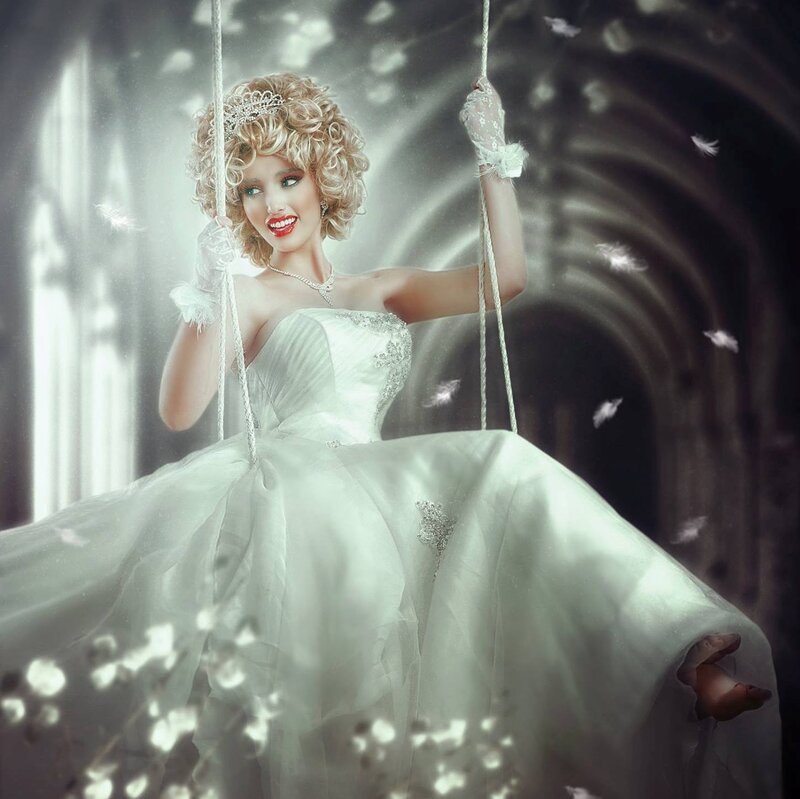 Woman in Wedding Dress — White, Dramatic, Photograph, Swing