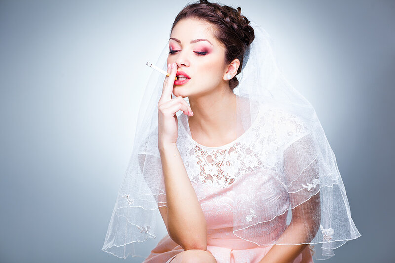 Woman in Wedding Dress — White, Dramatic, Photograph, Veil, Cigarette