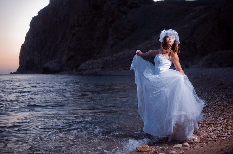 Woman in Wedding Dress — White, Dramatic, Sunset, Photograph, Beach