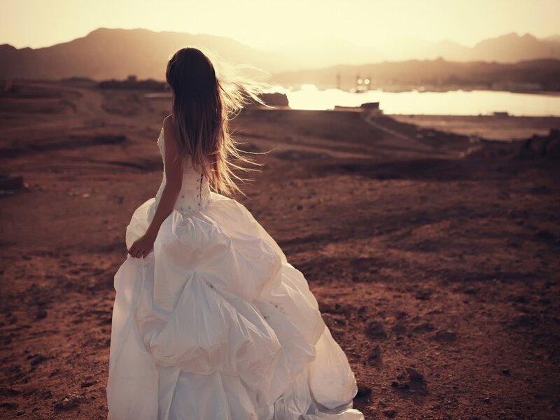 Woman in Wedding Dress — White, Dramatic, Sunset, Photograph, Mountains
