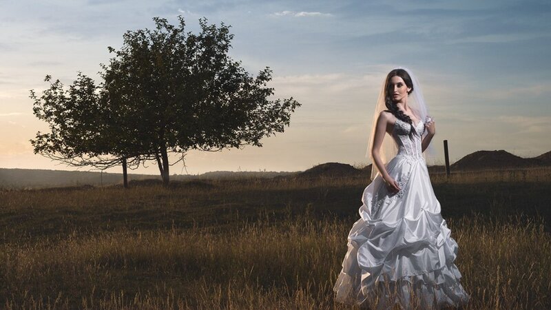 Woman in Wedding Dress — White, Dramatic, Sunset, Photograph, Tree, Field