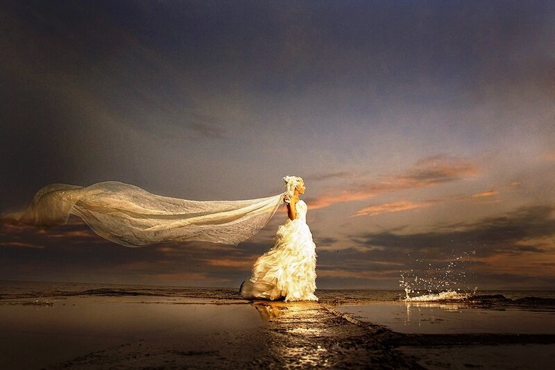 Woman in Wedding Dress — White, Dramatic, Sunset