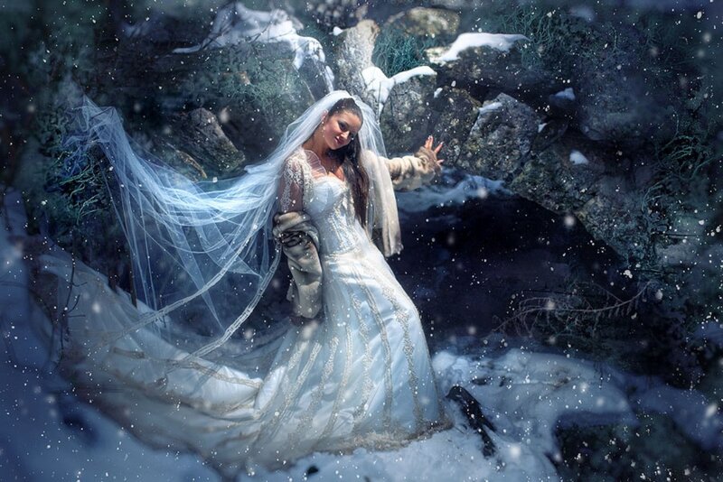 Woman in Wedding Dress — White, Dramatic, Winter, Digital Art, Snow